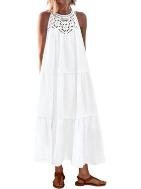 White Medium Halter Maxi Dress for Women - Boho Style Sundress, Summer Fashion
